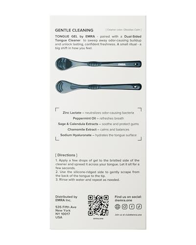 EMRA Gentle Cleaning Tongue Gel + Dual-Sided Cleaner in Black - Fluoride-Free Formula with Peppermint & Chamomile for Fresh Breath & Sensitive Tongue Care