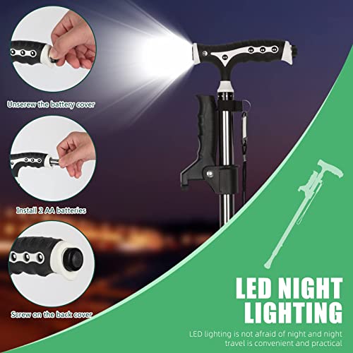 Hold 440 Lbs Walking Cane for Men & Women Aluminum Alloy Lightweight Height Adjustable Walking Stick Heavy Duty Foldbale Free Standing Cane with LED for Seniors Adults Black