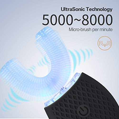 Ultrasonic Automatic Toothbrush, Ultrasonic U-Shaped Toothbrushes for Adult, 360° Mouth Cleaning, Electric ToothBrush with Automatic Timer, Wireless Charging Teethbrush Kit for Travel Or Home (Black) Black