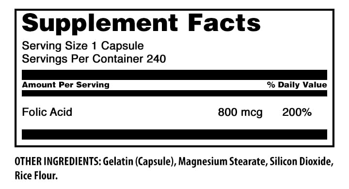 Amazing Formulas Folic Acid (Vitamin B9) 800 Mcg Supplement | Capsules | Non-GMO | Gluten-Free | Made in USA (1 Pack | 240 Count) Unflavored