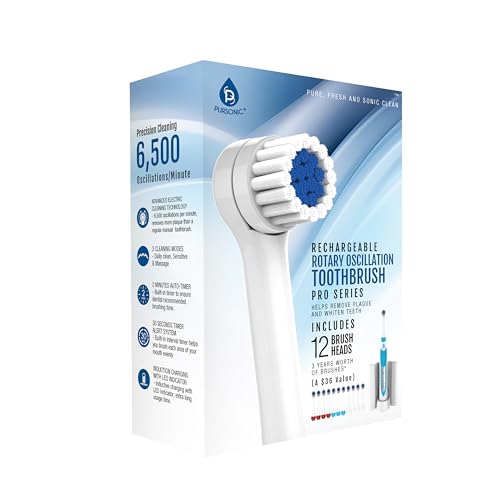Pursonic S330 Deluxe Electric Toothbrush - Ultra Whitening Oscillating Rechargeable Battery Toothbrush for Adults with Dock Charger & 12 Brush Heads (Value Pack) (White)