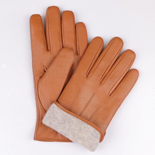 MGGMOKAY Mens Leather Gloves Lambskin Touch Screen Gloves Warm Cashmere Lined X-Large Tan(touchscreen)