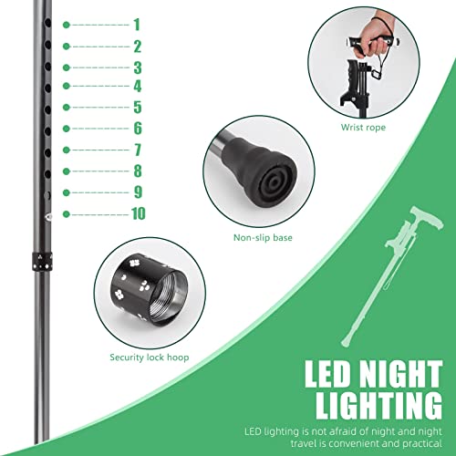 Hold 440 Lbs Walking Cane for Men & Women Aluminum Alloy Lightweight Height Adjustable Walking Stick Heavy Duty Foldbale Free Standing Cane with LED for Seniors Adults Black