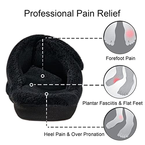 GRITHEIM Women's Orthotic Arch Support Slippers Fuzzy Adjustable Orthopedic Slippers for Plantar Fasciitis Furry Slide for Ladies 9 Black