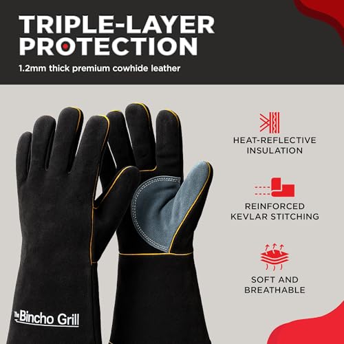 The Bincho Grill Fire Heat Resistant Gloves – 14 Inch 932°F Fireproof Leather Fireplace & BBQ Gloves for Grill, Oven, Wood Stove, Campfire, Welding (MIG/TIG) - Heavy-Duty