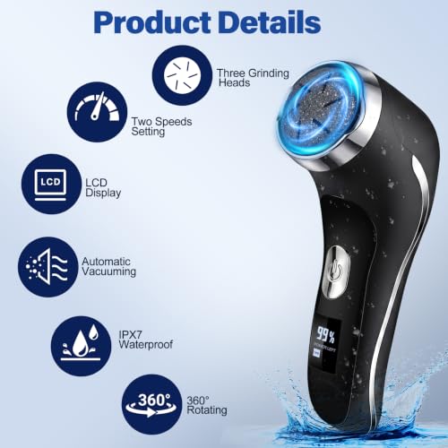 Electric Foot Callus Remover with Vacuum,Foot File Rechargeable 2 Speed,Professional Foot Scrubber with 3 Coarse Roller Heads,Waterproof Pedicure Tool Feet Care for Dead Skin Silver-black