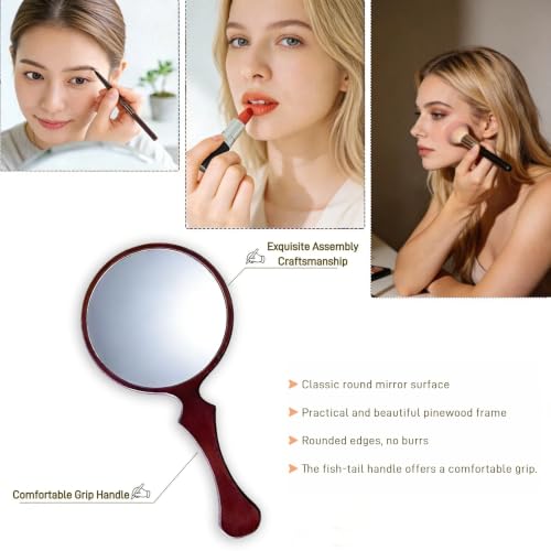 Tumecos Wooden Hand Mirror, Round Handheld Mirror with Fish Tail Handle, Natural Pine Wood, Large & Small Size Options, Vanity Makeup Mirror with Non-Distortion Glass, for Home/Salon Gift, Large Walnut Brown 11"L x 5.7"W