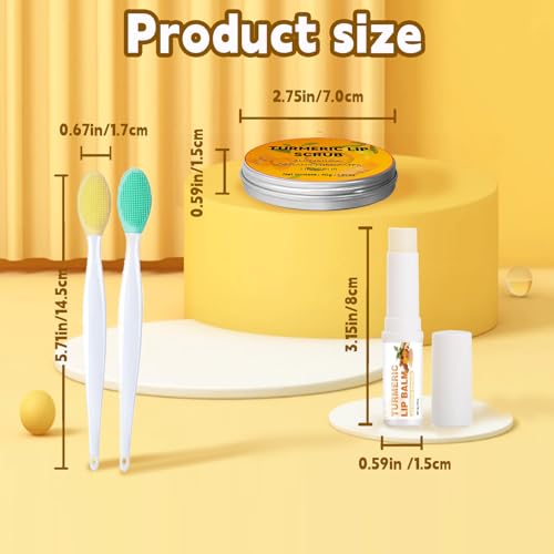 HAIOLORPRO 4PCS Turmeric Lip Scrub and Turmeric Lip Balm with Brush Set, Natural Lip Scrubber Exfoliator for Dry, Dull, Chapped, Dark lips, Reduces Fine Lines, Deeply Hydrates and Moisturizes yellow+green
