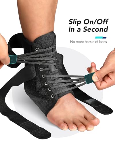 Quick Lace Up Ankle Brace for Women Men with Removable Side Splints, Adjustable Ankle Support for Sprained Ankle Injury Recovery, Ankle Stabilizer for Basketball Volleyball Tennis, 1 Unit M Black Stripes