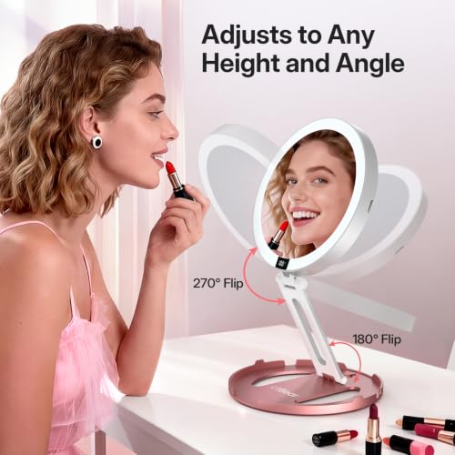 LitBear Travel Makeup Mirror with Lights, 10X/1X Foldable Magnifying Mirror Rose Gold