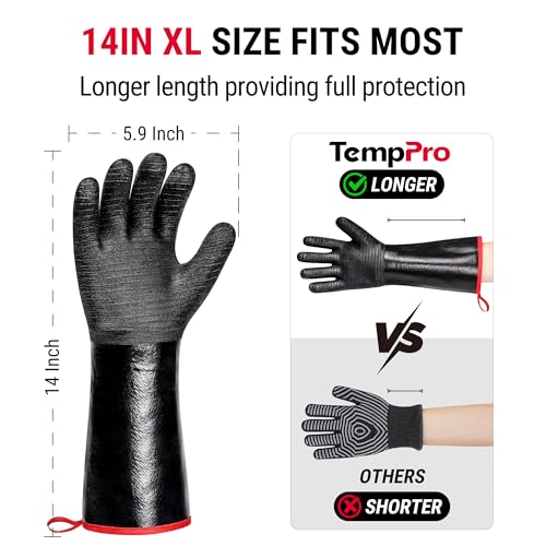 TempPro 932°F Heat Resistant BBQ Gloves, 14" Waterproof Oven & Grill Gloves