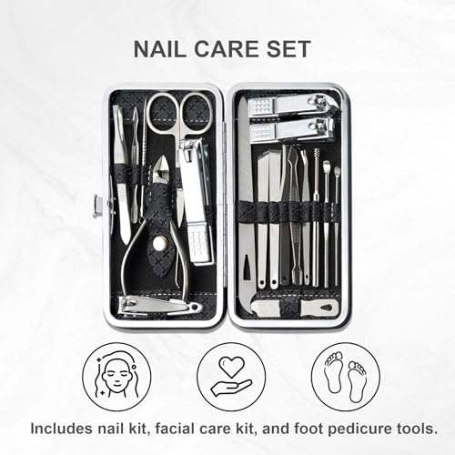 Professional Nail Clipper Set,Manicure Kit&Nail Care Kit-Complete 19 Piece Dark Night Black Manicure Set with Nail Clippers for Men&Women,Portable Travel Case,Ideal Gift Set