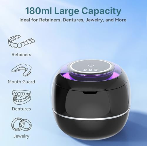 Ultrasonic Retainer Cleaner Machine – 42kHz Premium Quality Dental Cleaner for Dentures, Retainers, Jewelry, and More – 180ML Tank, Dual Modes, Digital Timer, Portable (Black) Black