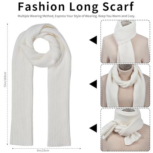 Winter Beanie Hat Scarf Gloves Set for Women, Classic Beanie with Removable Pom Pom Long Scarf Touchscreen Gloves 3 in 1 Set White