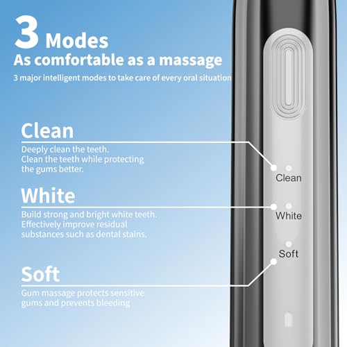 Rotating Electric Toothbrush - 3 Cleaning Modes, Smart Memory & 2-Minute Timer, Type-C Rechargeable Sonic Toothbrush with Low Battery Alert, Includes 8 Replacement Brush Head (Black) Black