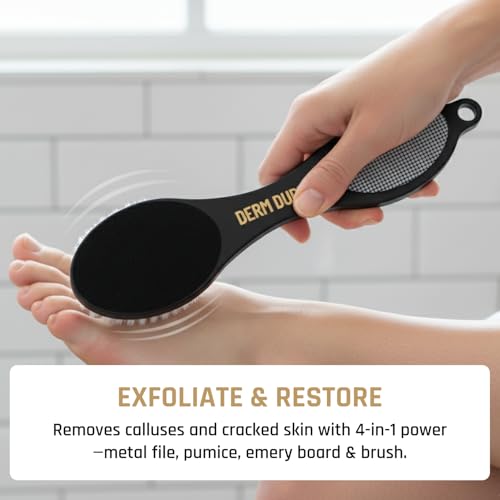 Derm Dude 4-in-1 Foot Scrubber & Heel Repair Tool | Foot File Callus Remover for Feet | Pedicure Tool with Metal File, Pumice Stone, Emery Board & Cleaning Brush to Soften & Smooth Rough, Dry Feet