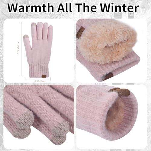 Winter Beanie Hat Scarf Gloves Set for Women, Classic Beanie with Removable Pom Pom Long Scarf Touchscreen Gloves 3 in 1 Set Pink