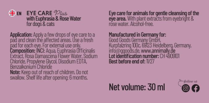 Annimally Eye Care Plus Eye Drops for Dogs & Cats 30 ml - With Euphrasia & Rose Water, For Cleaning the Eye Area, Made in Germany