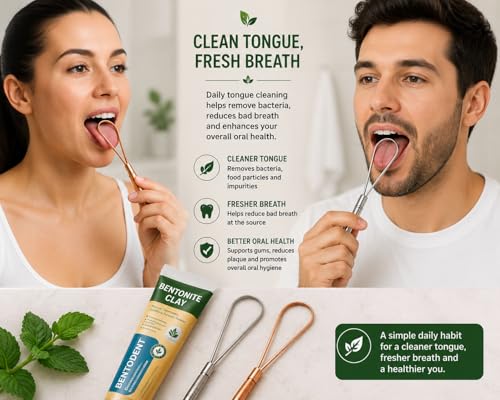 Bentodent Bentonite Clay Toothpaste + Stainless Steel Tongue Scrapers Bundle | Fresh Breath Oral Care Kit | Natural Foam-Free Toothpaste with Silver & Rose Gold Tongue Cleaners