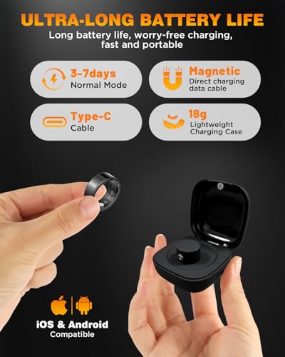 Smart Ring Health Tracker with Charging Case,Sleep,Heart Rate & Blood Oxygen Monitor, 5ATM+IP68 Waterproof Fitness Ring, No Subscription,3-7Day Battery,iOS & Android Compatible for Men Women Black 8# SY02-1 8#