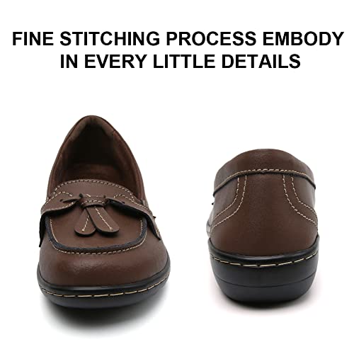 Maichal Loafers for Women Slip On Comfort Leather Dressy Shoes with Tassel 8 Brown