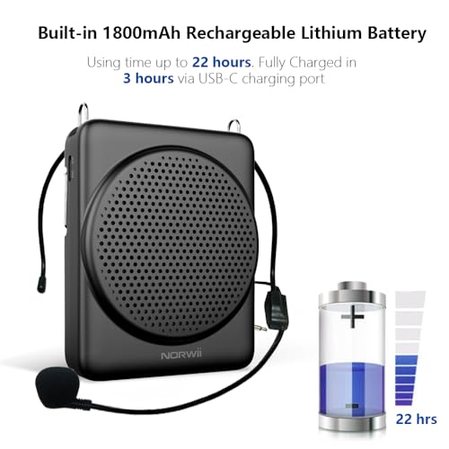 Norwii Palm-Sized Voice Amplifier for Teachers with Headset Microphone Black