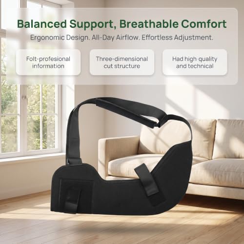 Elbow Immobilizer Arm Sling with L-Shaped Aluminum Support Plates, Breathable Forearm Brace with Wide Padded Shoulder Strap, 5 Adjustable Straps for Fracture, Sprain, Post Surgery Recovery(Black-M) Black Medium