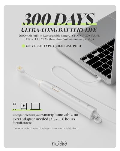KIWIBIRD K5 Sonic Electric Toothbrush, 1.5X Wider Brush Head for 50% Faster Cleaning, High-Efficiency Power Plaque Removal, 180-Day Battery, 5 Modes & 3 Intensities (White) White