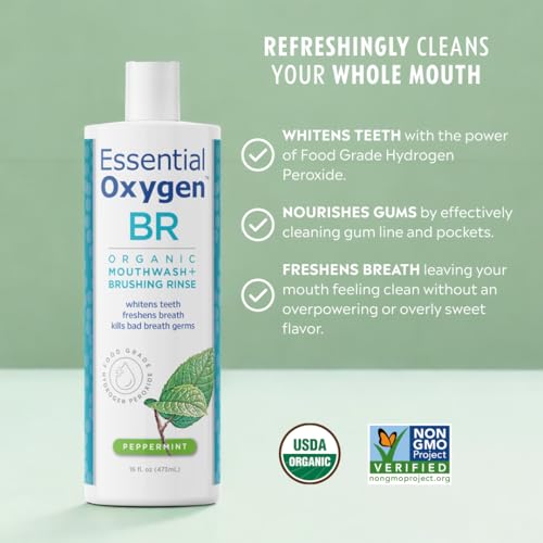 Essential Oxygen Certified BR Organic Brushing Rinse, All Natural Mouthwash for Whiter Teeth, Fresher Breath, and Happier Gums, Alcohol-Free Oral Care, Peppermint, 16 Ounce, Package may vary 16 Fl Oz (Pack of 1)