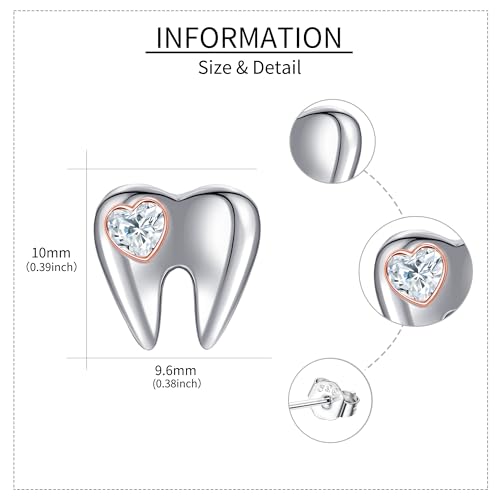 YAFEINI Tooth Earrings Dental Gifts 925 Sterling Silver Heart Tooth Stud Earrings Tooth Jewelry for Women Girls tooth cz earrings