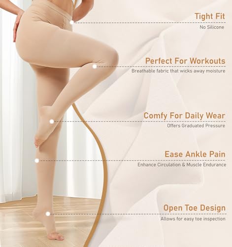 NURCOM Compression Pantyhose, Open Toe 20-30mmhg Open Toe Beige Large