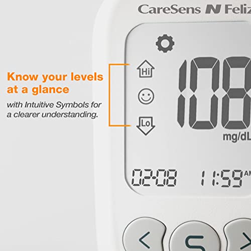 CareSens N Feliz Blood Glucose Monitoring Kit with 100 Blood Sugar Test Strips, 100 Lancets, 1 Blood Glucose Meter, 1 Lancing Device, 1 Control Solution, Travel Case for Diabetes Testing Kit for Personal Use