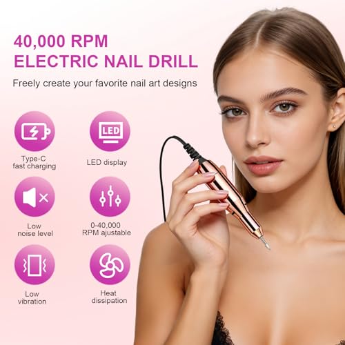 Professional Electric Nail Drill Kit 40000 RPM,Portable Nail Drill Electric File Cordless with 12 Drill Bits,Rechargeable Nail Drills Machine for Acrylic Gel Polishing Manicure at Home DIY Salon