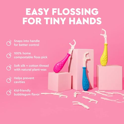 RADIUS EcoFlex Kids Floss Pick Starter Kit, Sustainable Compostable Dental Flossers for Small Mouths, BPA-Free & Non-Toxic, 14 CT Refills + 1 Reusable Handle, Pink, Blue and Chartreuse, Pack of 3 Hot Pink, Sapphire Blue, Chartreuse 1 Count (Pack of 3)