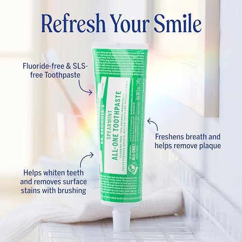 Dr. Bronner’s All-One Toothpaste Pack of 3– Spearmint, 5 oz– Fluoride-Free Toothpaste for Adults, SLS-Free, 70% Organic & Natural Ingredients, Vegan, Helps Freshen Breath & Reduce Plaque 5 Ounce (Pack of 3)