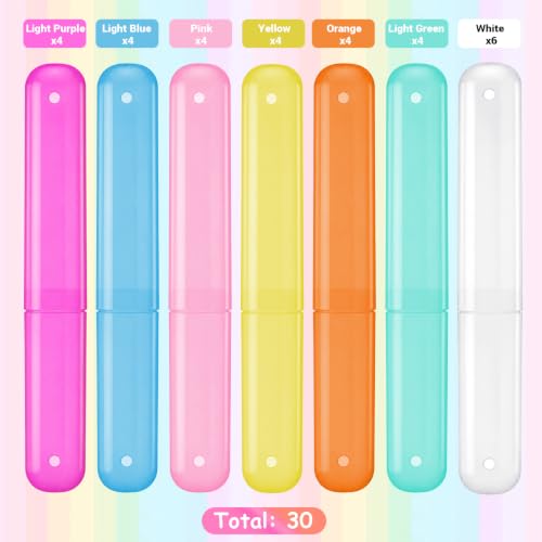 Boao 30 Pcs Toothbrush Holder Case Portable Travel for Kids,Vivid Color pink, blue, green, orange, white, yellow