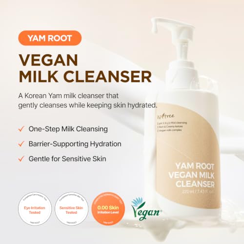 ISNTREE Yam Root Vegan Milk Cleanser | Korean Facial Cleanser with Yam Root | Hydrating Milky Cleanser for Sensitive Skin, Gentle & Creamy, 7.43 fl oz