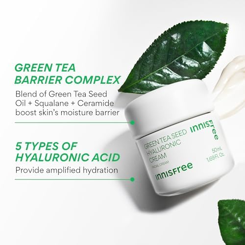 innisfree Green Tea Seed Hyaluronic Acid Cream with Skin Barrier Boosting Complex & Ceramide, Hydrating Korean Face Moisturizer Available in Sets & Jumbo 1.69 oz. / 50 ml: Full Size