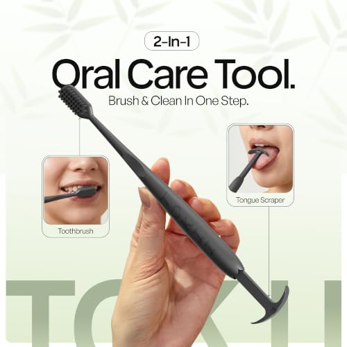 TOKII Tongue Scraper & Tongue Cleaner for Adults, 2-in-1 Toothbrush with Sliding Tongue Scraper, Charcoal Ultra Soft Bristles, Ayurvedic-Inspired, Includes Travel Toothbrush, Stand & Waterproof Pouch Black 1 Count (Pack of 1)