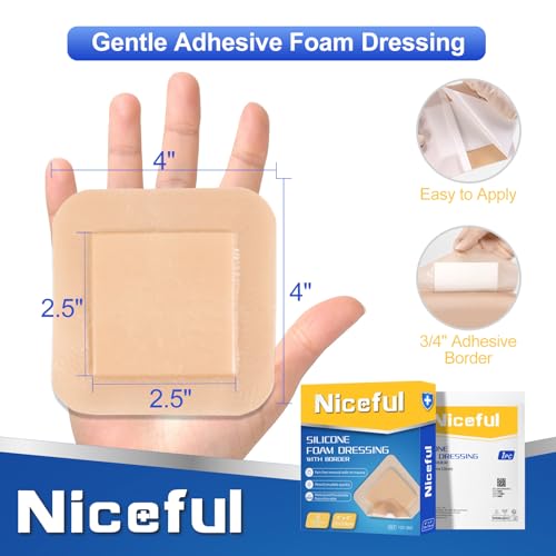 Niceful Silicone Foam Dressing 4"x4", Waterproof Silicone Bandages with Border Adhesive, High Absorbency Bed Sore Bandages Wound Care Dressing (2.5"X2.5" Pad), 5 Packs, FSA HSA Eligible 4x4 Inch (5 Pcs)