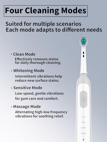 Rotating Electric Toothbrush, Round Head, Gentle on Gums White