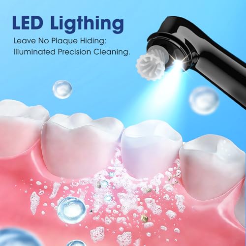 Tooth Polisher Plaque Remover for Teeth, Whitening Kit with 10 Brush Heads & 6 Polishing Pastes, 5 Smart Modes to Effectively Remove Stains, Yellowing and Plaque, Rechargeable, Black 1 count (Pack of 1) 1 Count (Pack of 1)