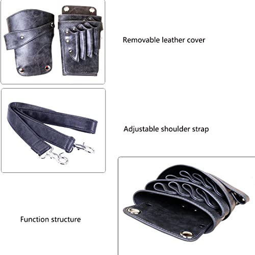 Scissors Bag- Soft Leather Salon Barber Hairdressing Scissor Shears Holster Hair Stylist Tools Bag with Waist Shoulder Belt Grey