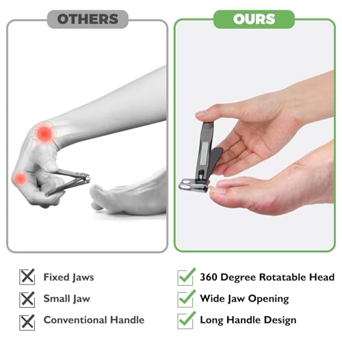 Toenail Clippers for Seniors Thick Toenails, Angled Head Large Toe Nail Clippers for Thick Nails for Men, 360° Rotating Nail Clippers with Long Hande, Heavy Duty Fingernail Clippers with Wide Opening