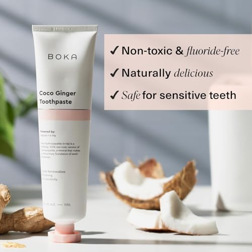 Boka Fluoride Free Toothpaste - Nano Hydroxyapatite - Coco Ginger 4oz, Classic Manual Toothbrush, Pink and Tongue Scraper for Adults & Kids with Case