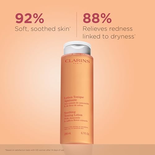 Clarins Soothing Toning Lotion | Soft, Soothed and Comforted Skin After 14 Days* | Cleanses, Tones, Hydrates, Soothes and Balances Skin's Microbiota | Alcohol-Free | Camomile Extract 6.7 Fl Oz (Pack of 1)