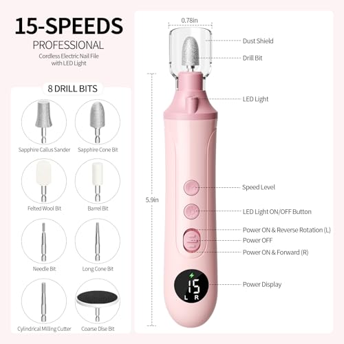 Ccigedy Cordless Electric Toe Nail Grinder for Thick Toenails with LCD Lamp Pink