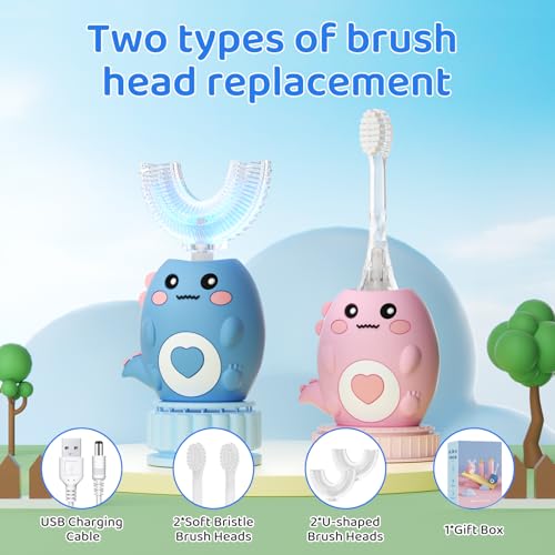 Kids U Shaped Electric Toothbrush, with 3 Cleaning Modes, with 4 Brush Heads, 360° Sonic Automatic Toothbrush, IPX7 Waterproof Cartoon Dinosaur Design (Ages 2-12) Dark Blue+c