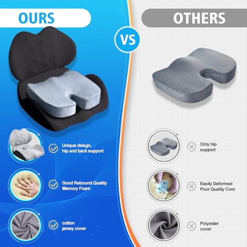 Lexeme X Large Memory Foam Seat Cushion Lumbar Support Pillow for Sciatica & Tailbone Pressure Relief Coccyx Pad for Office Chair, Car,Wheelchair,Home,Office Black