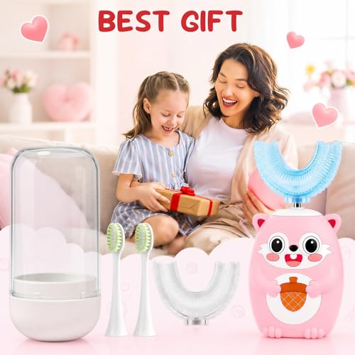 Kids U-Shaped Automatic Electric Toothbrush, Children’s 360° Mouthpiece Design for Full-Mouth Cleaning, 3 Cleaning Modes, Cute Animal Squirrel Style Pink